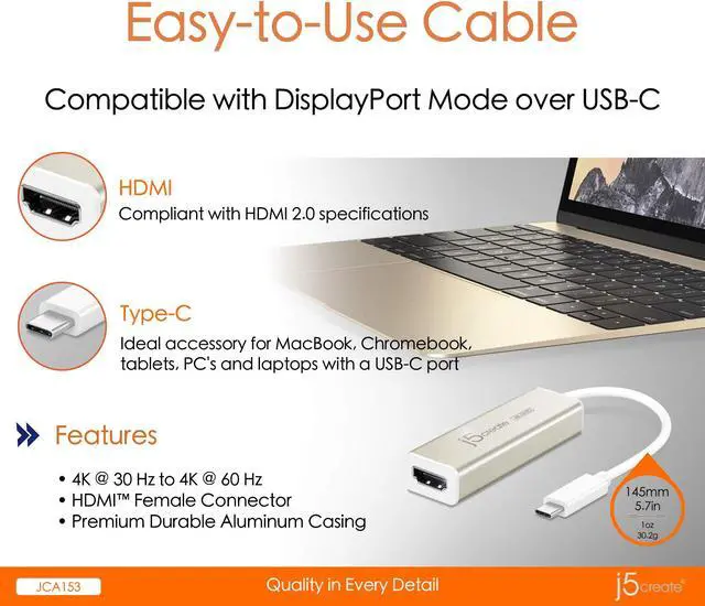 Alt view image 4 of 5 - j5create USB Type-C to 4K HDMI Adapter JCA153 / 4K @60 Hz/for MacBook, Chromebook, Type C Laptops