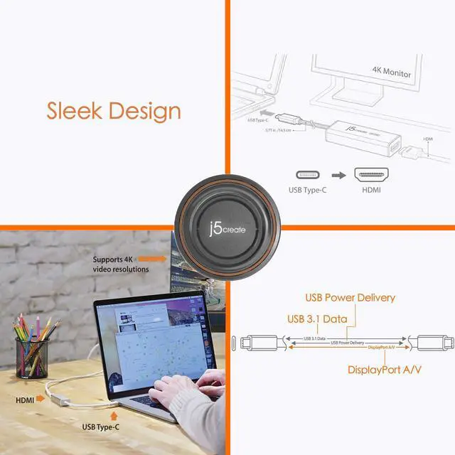 Alt view image 5 of 5 - j5create USB Type-C to 4K HDMI Adapter JCA153 / 4K @60 Hz/for MacBook, Chromebook, Type C Laptops