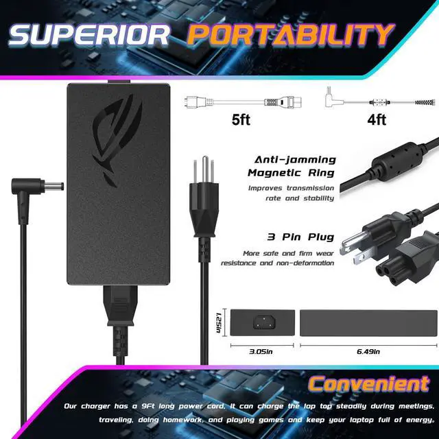 Alt view image 3 of 5 - 180W Zephyrus Laptop Charger for Asus ROG Zephyrus G14 G15 Tuf Dash 15 F15 F17 Strix G15 G531GT GU502G GU501GM GU502GV GA502DU GA502D GA503Q FX505 FX505D GA401 GA401I ADP-180TB H Laptop Power Supply