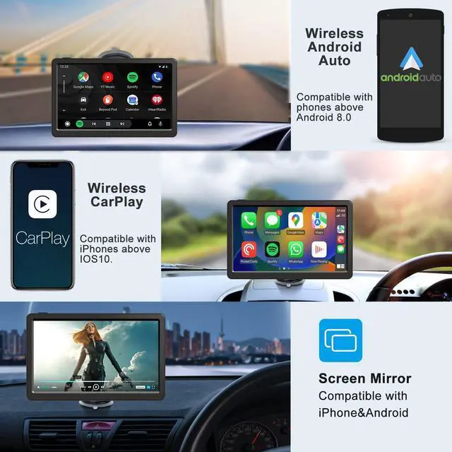 Alt view image 2 of 5 - Car GPS Navigation Compatible Wireless Apple CarPlay Android Auto 9" HD Touch Screen, Portable Bluetooth GPS Navigation Mirror Link Music Video Player Airplay/Siri/AUX/Android
