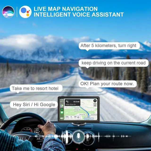Alt view image 3 of 5 - Car GPS Navigation Compatible Wireless Apple CarPlay Android Auto 9" HD Touch Screen, Portable Bluetooth GPS Navigation Mirror Link Music Video Player Airplay/Siri/AUX/Android