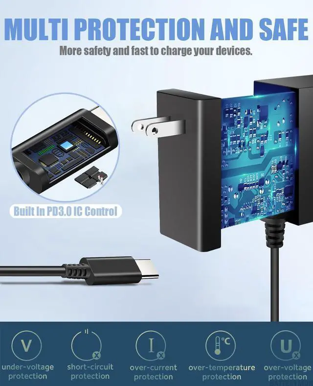 Alt view image 5 of 5 - 15V 2.6A Type-c Charger for Switch and USB-c Android Phone; 45W Laptop Charger for HP Stream 11 13 14, Pavilion X360, Spectre, Envy, Elitebook 840, ProBook Ultrabook with Blue Tip 4.5x3mm