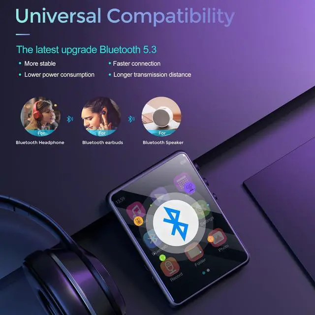 Alt view image 2 of 5 - MP3 Player with Bluetooth 5.3, Portable HiFi Lossless Sound Music Player with Speaker, Built-in 64GB Memory, FM Radio, Voice Recorder, E-Book, 2.4 in Full Touchscreen, Supports up to 128GB TF Card