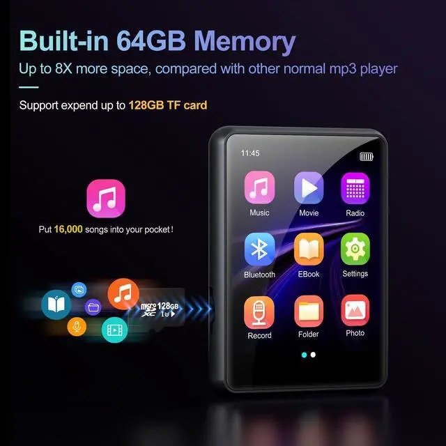 Alt view image 3 of 5 - MP3 Player with Bluetooth 5.3, Portable HiFi Lossless Sound Music Player with Speaker, Built-in 64GB Memory, FM Radio, Voice Recorder, E-Book, 2.4 in Full Touchscreen, Supports up to 128GB TF Card