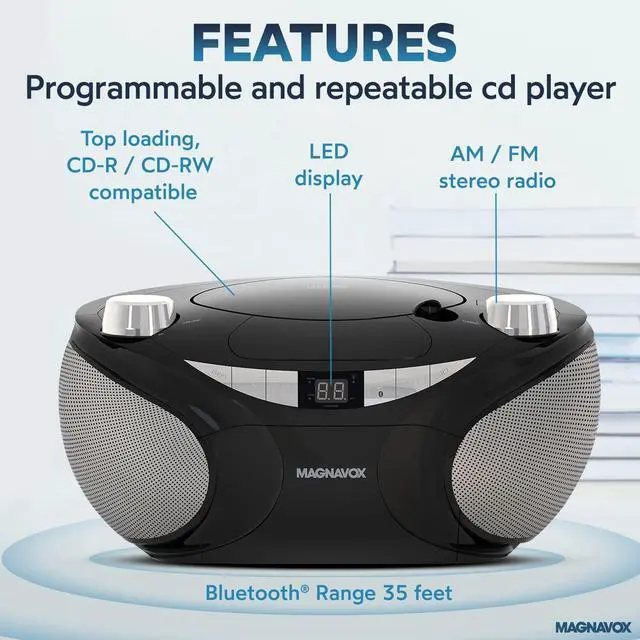 Alt view image 2 of 5 - Magnavox MD6949 Portable Top Loading CD Boombox with AM/FM Stereo Radio and Bluetooth Wireless Technology in Black | CD-R/CD-RW Compatible | LED Display | (Black)