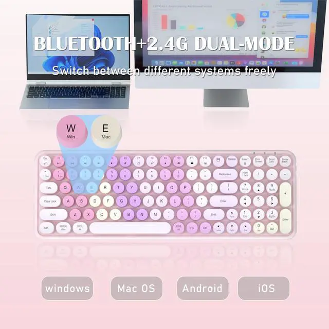 Alt view image 4 of 5 - COVEVA Wireless Bluetooth & 2.4G Dual Mode Keyboard - Connect up to 3 Devices Simultaneously, Portable 100-Key Retro Round Keycaps Keyboard (Rainbow Pink)