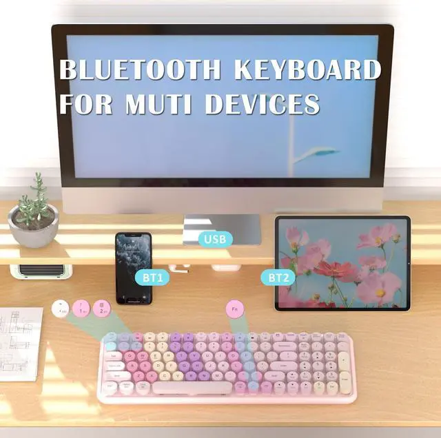 Alt view image 3 of 5 - COVEVA Wireless Bluetooth & 2.4G Dual Mode Keyboard - Connect up to 3 Devices Simultaneously, Portable 100-Key Retro Round Keycaps Keyboard (Rainbow Pink)