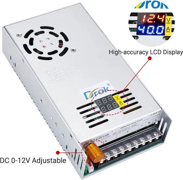 Alt view image 3 of 5 - DROK 12V Power Supply, AC 110V 220V to DC 0-12V 40A 480W Buck Converter Dual Display, Variable Adjustable Adapter Regulated 5V 6V 9V 12V Switching Voltage Transformer 10A 20A 30A 40Amp Charger for Lab