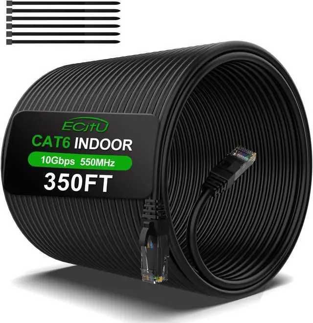 Main image of 350FT Cat6 Ethernet Cable, Cat 6 Patch Cable, Cat6 Internet Cable, UTP Network Cable, Indoor and Outdoor, PoE, 24AWG CCA, Compatible for PC, Laptop, Router, Switch, Server, with 25 Cable Ties - Black