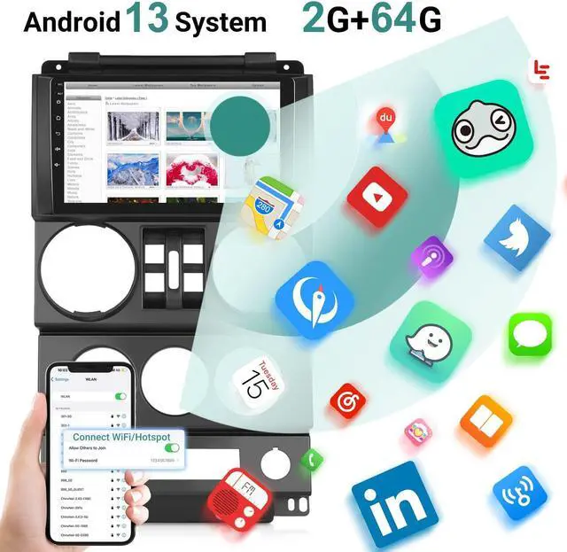 Alt view image 3 of 5 - [2G+64G] Car Radio for Jeep Wrangler 2007 2008 2009 2010 (4 Door), 9 inches Android 13 Touch Screen Stereo, Carplay/Android Auto/Hi-Fi/1080P/Bluetooth/SWC + AHD Backup Camera