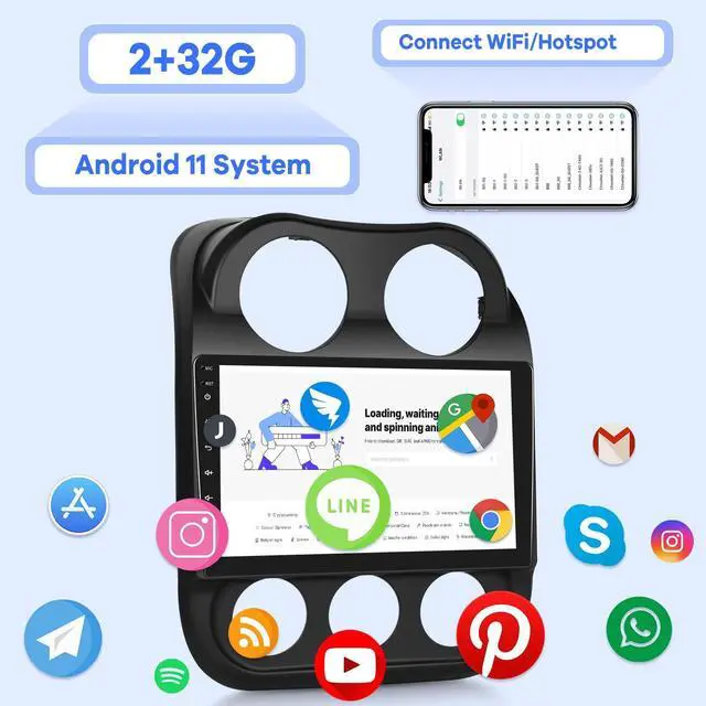 Alt view image 3 of 5 - [2G+32G] Car Radio for Jeep Compass Patriot 2010-2016, 10.1 inch Android 11 Touch Screen Stereo, Carplay/Android Auto/Mirror Link/1080P/SWC/Bluetooth/WiFi + AHD Backup Camera for Jeep Compass