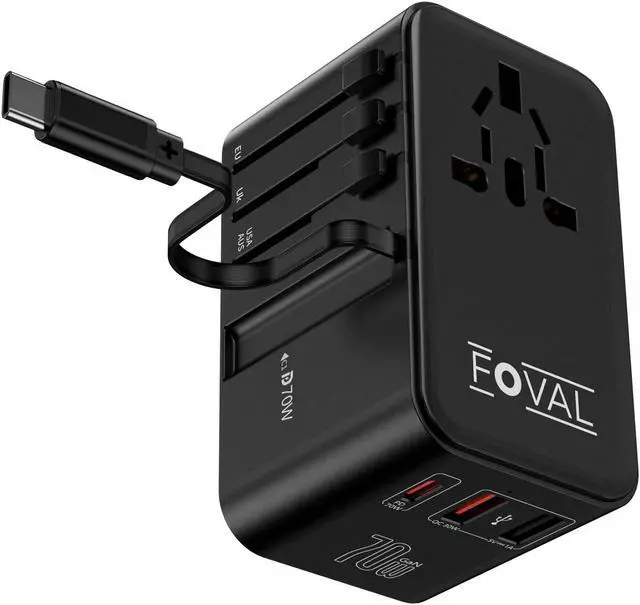 Main image of FOVAL European Travel Plug Adapter, Universal Travel Adapter with Retractable USB C Cable, All-in-one International Power Adapter for Europe Italy UK US AUS (70W)