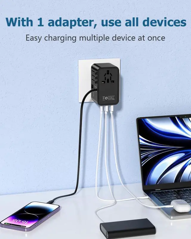 Alt view image 5 of 5 - FOVAL European Travel Plug Adapter, Universal Travel Adapter with Retractable USB C Cable, All-in-one International Power Adapter for Europe Italy UK US AUS (70W)