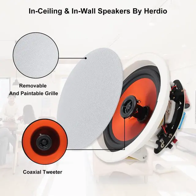 Alt view image 3 of 5 - Herdio 6.5'' Bluetooth in Wall in Ceiling Speakers 600W 2-Way Flush Mount Speakers System with Wall Amplifier Receiver for Home Theater Office Bathroom(2Pairs, Paintable-Grille)
