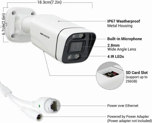 Alt view image 2 of 5 - HEFLYCCTV 4MP POE IP Camera,Bullet Security Surveillance Wired CCTV Cameras with Human Detection One-Way Audio,Smart Color Night Vision,SD Card Slot,2.8mm Wide Angle,IP67 Waterproof Outdoor Indoor