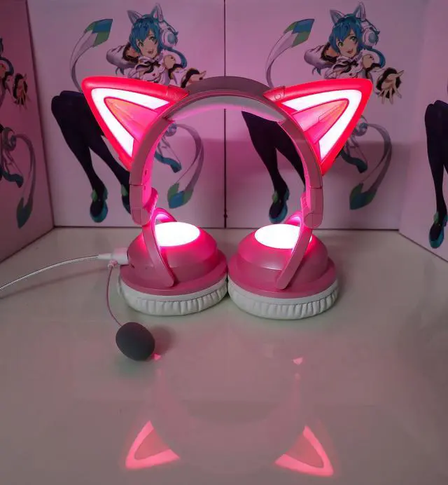 Alt view image 4 of 5 - Axent Wear New Edition Wireless Cat Ear Headphones (12 Color Changing) 3.5mm Jack, Bluetooth&Wired Connection (Pink)