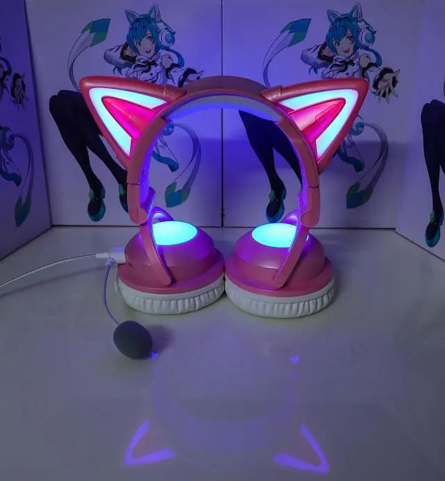 Alt view image 5 of 5 - Axent Wear New Edition Wireless Cat Ear Headphones (12 Color Changing) 3.5mm Jack, Bluetooth&Wired Connection (Pink)