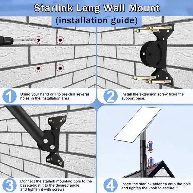 Alt view image 3 of 5 - HPEVA Starlink Mounting Kit, Long Wall Mount, Roof Antenna Pole Mount Bracket for Starlink Internet Kit Satellite with Mount Adapter (Black)