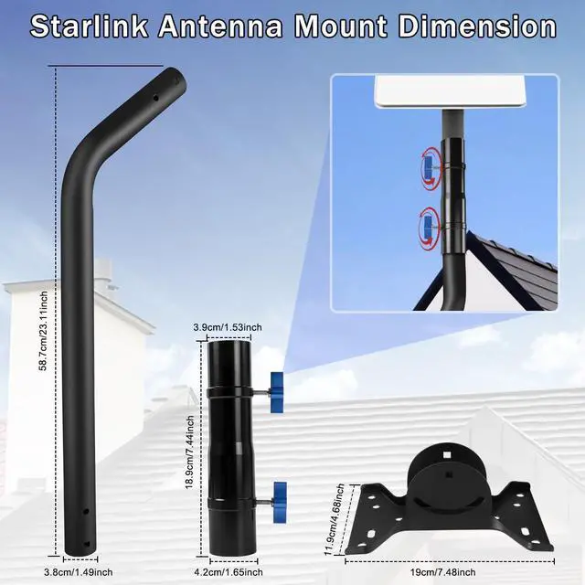 Alt view image 4 of 5 - HPEVA Starlink Mounting Kit, Long Wall Mount, Roof Antenna Pole Mount Bracket for Starlink Internet Kit Satellite with Mount Adapter (Black)
