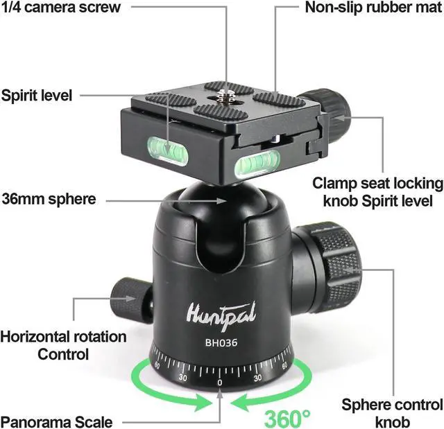 Alt view image 2 of 5 - HUNTPAL 36mm Tripod Ball Head Mount for Rifle Shooting Sticks Stands Gun Rest with 1/4" Screw 3/8" Thread Mount, All Metal Ball 360deg Panorama Rotation Platform with Arca Swiss Quick Release Plate