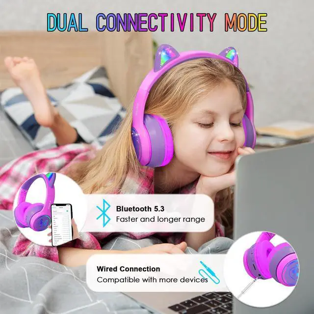 Alt view image 3 of 5 - IFECCO Wireless Kids Headphones with Microphone,Foldable Cute Light Up Cat Ear Children Girls Bluetooth Headphones with Case for School Gifts Travel