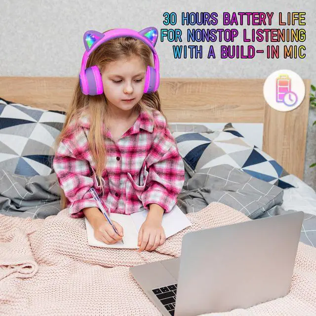 Alt view image 5 of 5 - IFECCO Wireless Kids Headphones with Microphone,Foldable Cute Light Up Cat Ear Children Girls Bluetooth Headphones with Case for School Gifts Travel
