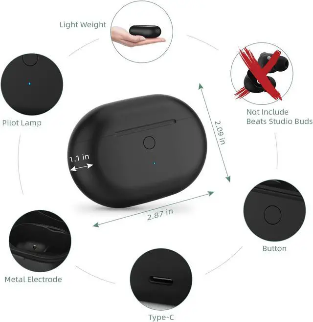 Alt view image 2 of 5 - Jinstyles Charging Case Replacement Compatible with Beats Studio Buds, Charger with Bluetooth Pairing Sync Button & 660mAh Built-in Battery (Not Include Beats Studio Buds) Black