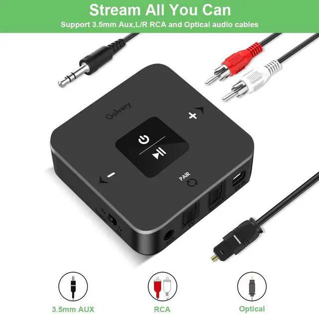 Alt view image 5 of 5 - Golvery Bluetooth 5.0 Transmitter Receiver for TV, 2 in 1 Bluetooth Aux Adapter for PC/DVD/MP3/Car/Home Stereo/Speaker/Gym, Optical/RCA/AUX Connection, 25 Hours Playtime, Pair 2 Devices Simultaneously
