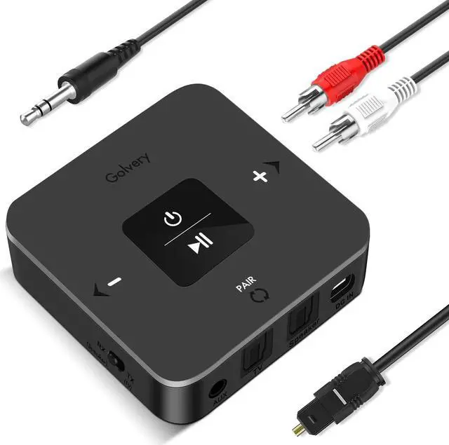 Main image of Golvery Bluetooth 5.0 Transmitter Receiver for TV, 2 in 1 Bluetooth Aux Adapter for PC/DVD/MP3/Car/Home Stereo/Speaker/Gym, Optical/RCA/AUX Connection, 25 Hours Playtime, Pair 2 Devices Simultaneously