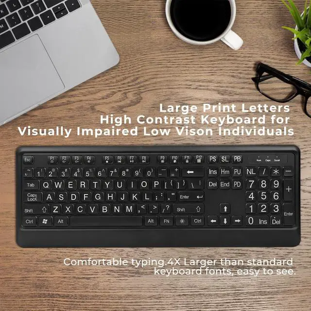 Alt view image 2 of 5 - KOPJIPPOM Large Print Backlit Keyboard, Quiet USB Wired Computer Keyboard, Full Size Keyboard with White Illuminated LED Compatible for Windows Desktop, Laptop, PC, Gaming, Black