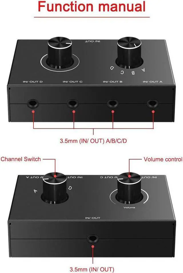 Alt view image 2 of 5 - 4 Port Audio Switch, 3.5mm Audio Switcher, Stereo AUX Audio Selector, 4 Input 1 Output / 1 Input 4 Output Audio Splitter Switcher, Audio Switcher Box, 4 channel switch knob, No External Power Required