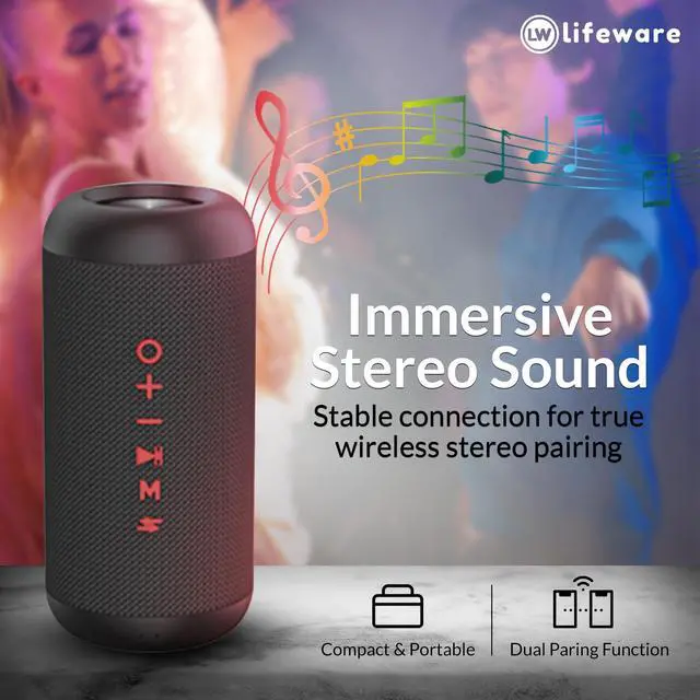 Alt view image 2 of 5 - Lifeware TKO Wireless Speaker IPX5 Water Resistant - TWS Speakers Wireless Built in Rechargeable Battery - Portable USB Speaker, Compatible with All Devices