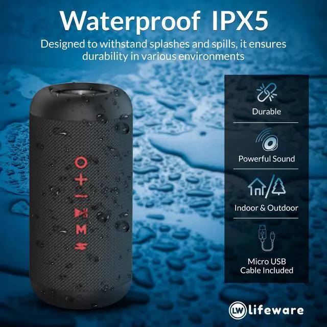 Alt view image 3 of 5 - Lifeware TKO Wireless Speaker IPX5 Water Resistant - TWS Speakers Wireless Built in Rechargeable Battery - Portable USB Speaker, Compatible with All Devices