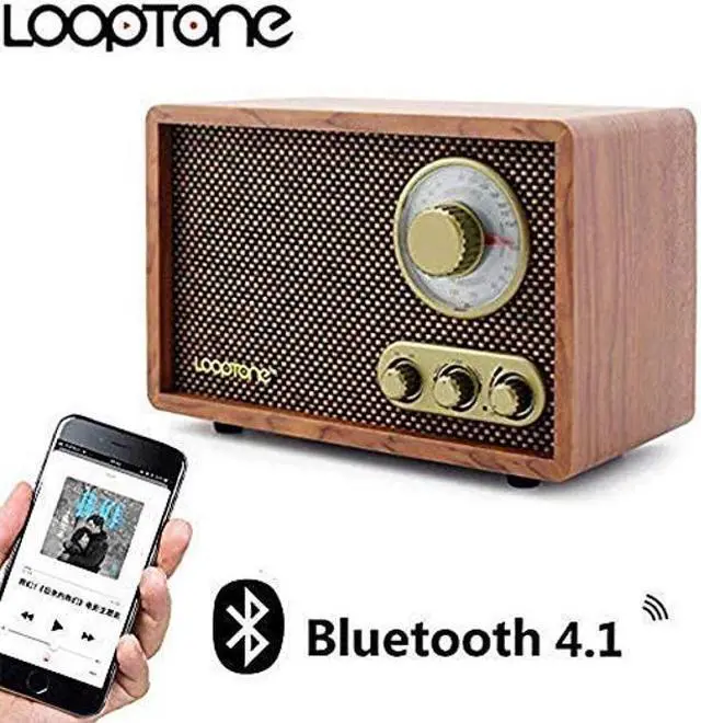 Alt view image 2 of 5 - LoopTone AM FM Classic Retro Radio with Bluetooth Speaker,Vintage Wood Table Radio with Treble Bass Control for Kitchen Living Room with Rotary Knob Brown