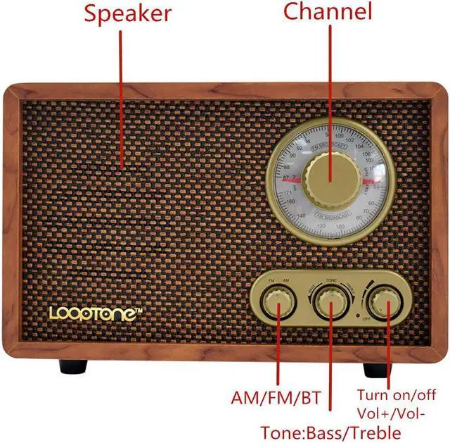 Alt view image 4 of 5 - LoopTone AM FM Classic Retro Radio with Bluetooth Speaker,Vintage Wood Table Radio with Treble Bass Control for Kitchen Living Room with Rotary Knob Brown
