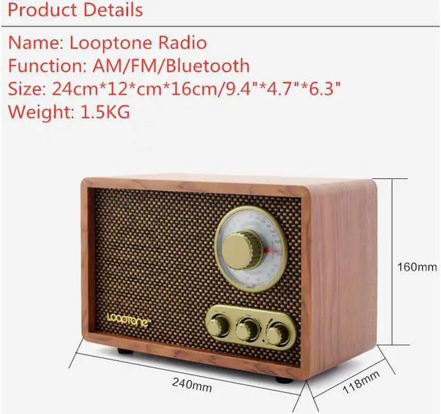 Alt view image 5 of 5 - LoopTone AM FM Classic Retro Radio with Bluetooth Speaker,Vintage Wood Table Radio with Treble Bass Control for Kitchen Living Room with Rotary Knob Brown