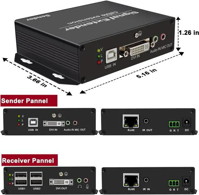 Alt view image 4 of 5 - 4K DVI USB KVM Extender Over Cat5e/6/7 up to 394ft, DVI Extender Over Ethernet with Transmitter Receiver Extends Video, Audio, Mic, 4 Ports USB2.0, IR, RS232, Near Zero Latency