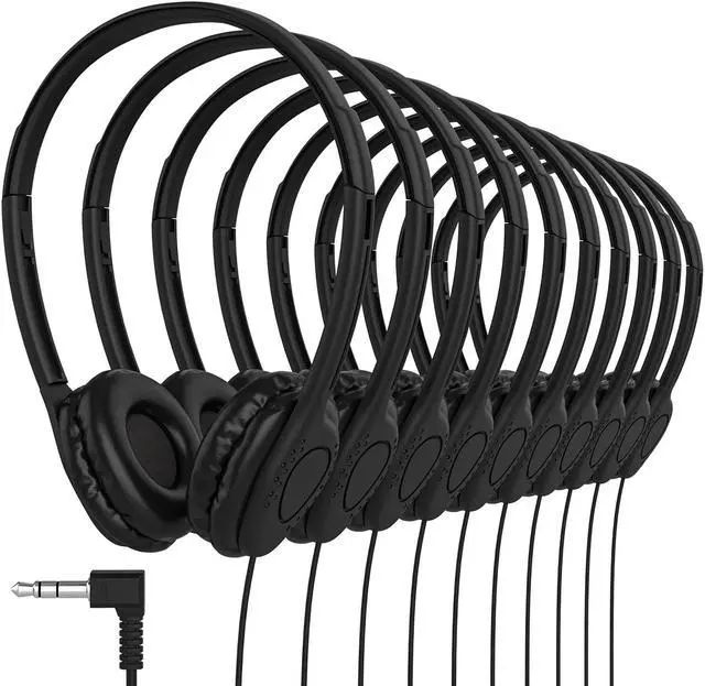 Main image of Maeline Bulk Classroom Student Headphones On Ear Stereo Headphones Adjustable Band & Faux Leather Cushions for Kids Online Learning, Library, School, Travel - 3.5mm Plug - 50 Pack - Black