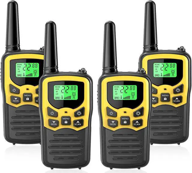 Main image of Walkie Talkies with 22 FRS Channels, MOICO Walkie Talkies for Adults with LED Flashlight VOX Scan LCD Display, Long Range Family Walkie Talkie for Hiking Camping Trip (Yellow, 4 Pack)
