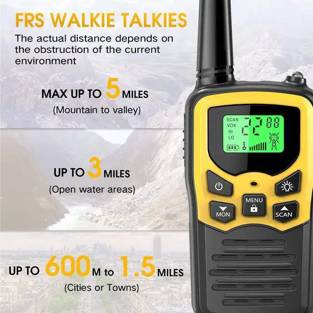 Alt view image 3 of 5 - Walkie Talkies with 22 FRS Channels, MOICO Walkie Talkies for Adults with LED Flashlight VOX Scan LCD Display, Long Range Family Walkie Talkie for Hiking Camping Trip (Yellow, 4 Pack)