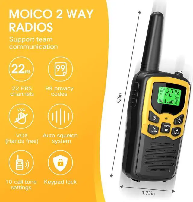 Alt view image 2 of 5 - Walkie Talkies with 22 FRS Channels, MOICO Walkie Talkies for Adults with LED Flashlight VOX Scan LCD Display, Long Range Family Walkie Talkie for Hiking Camping Trip (Yellow, 4 Pack)