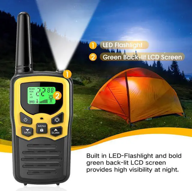 Alt view image 5 of 5 - Walkie Talkies with 22 FRS Channels, MOICO Walkie Talkies for Adults with LED Flashlight VOX Scan LCD Display, Long Range Family Walkie Talkie for Hiking Camping Trip (Yellow, 4 Pack)