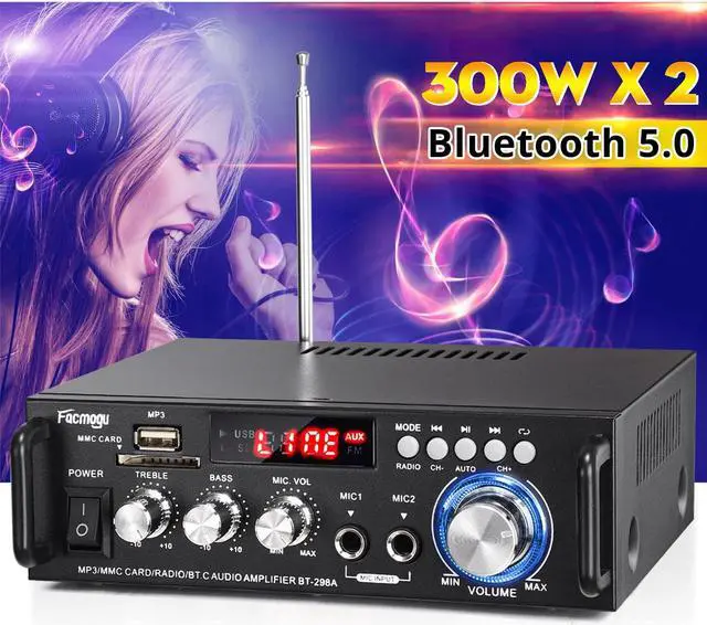 Alt view image 2 of 5 - Facmogu 298A Max 300Wx2 Wireless Bluetooth 5.0 Stereo Audio Amplifier, RMS 40Wx2 Power Amp 2 Channel Stereo Receiver for Home Theater Speakers, Bass & Treble Control, USB/SD/RCA/MIC/FM in, Remote