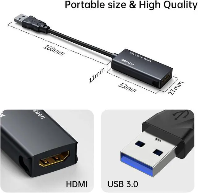 Alt view image 5 of 5 - MT-VIKI USB 3.0 to HDMI Adapter, USB 3.0 to HDMI Male to Female Adapter, 1080P Compatible with Mac OS, Windows 10/8.1/8/7 (Uni-Directional) 2 Pack