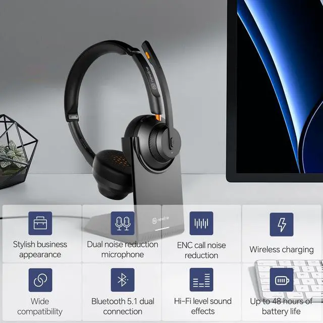 Alt view image 2 of 5 - N newline Wireless Headsets AI Noise Cancelling Conferencing Headset for Office with Mic, PC, Mobile Phone, Suitable for Zoom, Teams, Skype, Webex, Google Meet, Microsoft Teams, etc