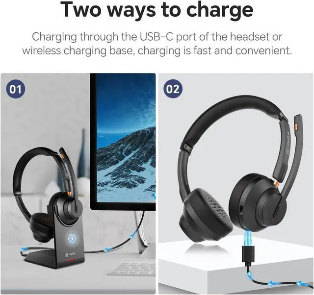 Alt view image 4 of 5 - N newline Wireless Headsets AI Noise Cancelling Conferencing Headset for Office with Mic, PC, Mobile Phone, Suitable for Zoom, Teams, Skype, Webex, Google Meet, Microsoft Teams, etc