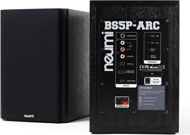 Alt view image 2 of 5 - NEUMI BS5P-ARC 75-Watt Powered Bookshelf Speakers, Bluetooth, HDMI, USB, Optical, Coaxial, Remote Control, 5-Inch Woofer, 1-Inch Tweeter, Dark Wood, 1 Pair