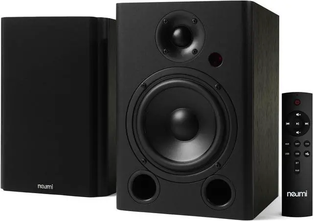 Main image of NEUMI BS5P-ARC 75-Watt Powered Bookshelf Speakers, Bluetooth, HDMI, USB, Optical, Coaxial, Remote Control, 5-Inch Woofer, 1-Inch Tweeter, Dark Wood, 1 Pair