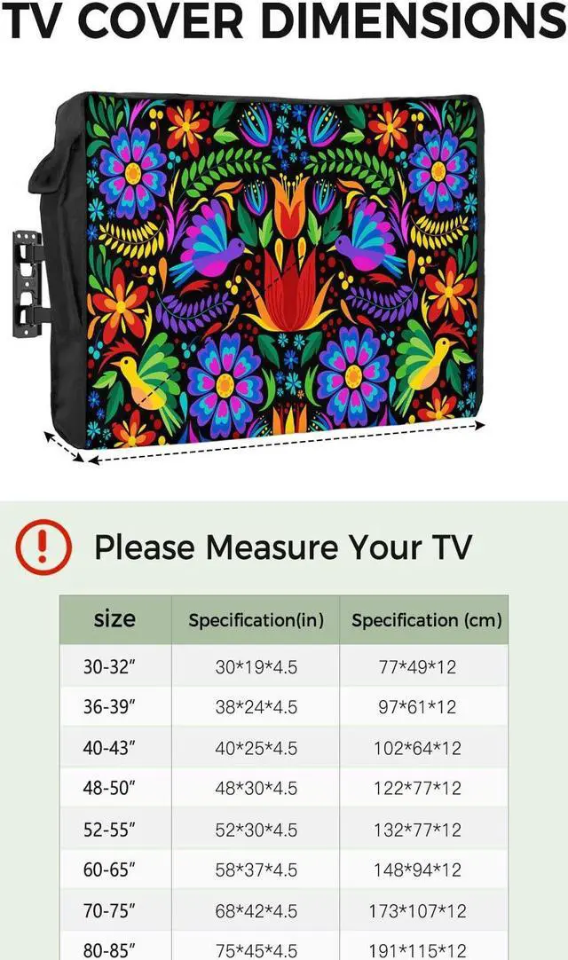 Alt view image 2 of 5 - Outdoor TV Cover Waterproof and Weatherproof, Colorful Mexico Style Abstract Flower Floral Leaves Bird Outside TV Cover for 70 to 75 inch LCD LED, Shield TV Display Screen Protector