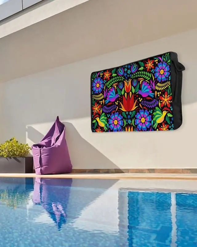 Alt view image 5 of 5 - Outdoor TV Cover Waterproof and Weatherproof, Colorful Mexico Style Abstract Flower Floral Leaves Bird Outside TV Cover for 70 to 75 inch LCD LED, Shield TV Display Screen Protector
